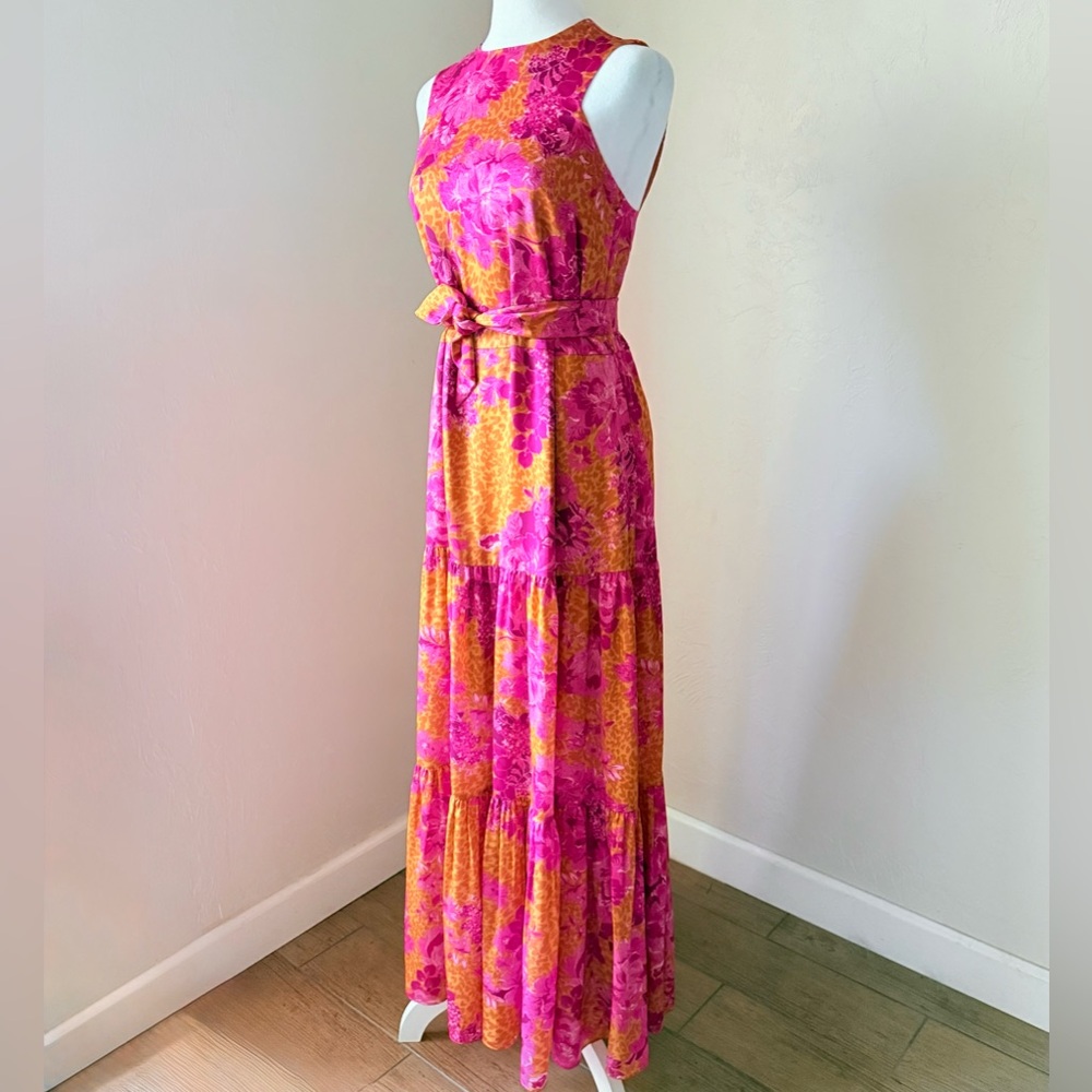 Ted Baker London Bambia Sleeveless Tiered Belted Maxi Dress Pink & Orange 0 2 XS - Picture 2 of 16